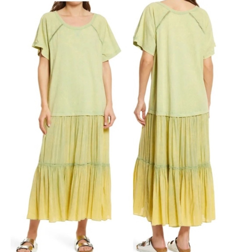 Free People Sz Small Sun Fade Lime Green Tiered Maxi Boho Dress: Bohemian, Flowy